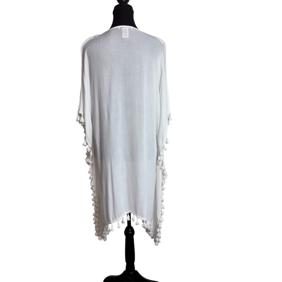 Cute Options White Rayon Kaftan Large Embroidery Beachy Bohemian Coverup Tassels - Picture 2 of 11